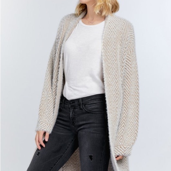 DAVI & DANI Sweaters - Taupe and Cream Textured long Sleeve Open Cardigan. Sizes S-3XL.  NEW!